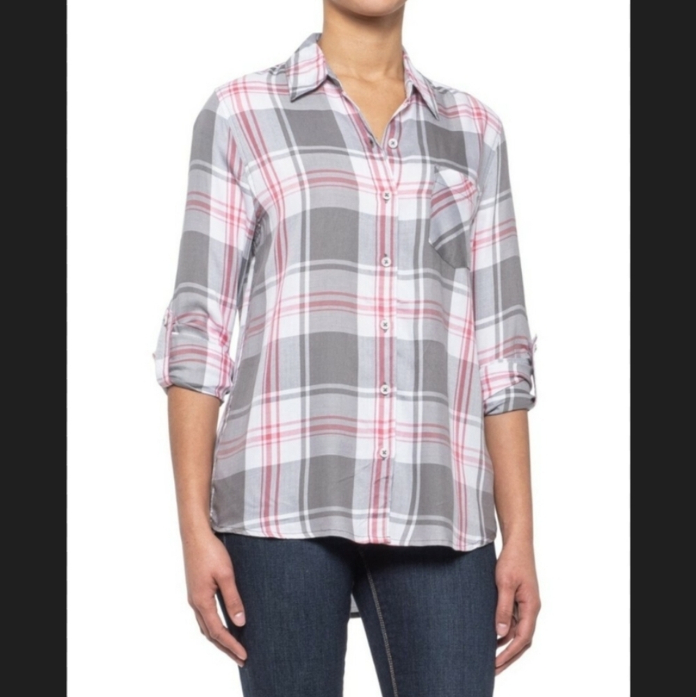 Woolrich Pink/Grey Button Up Plaid Roll Tab Sleeves Soft Shirt Women's Size L